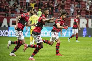 Comemoração dos jogadores do Flamengo durante a partida. (Foto: Alexandre Vidal / CRF)