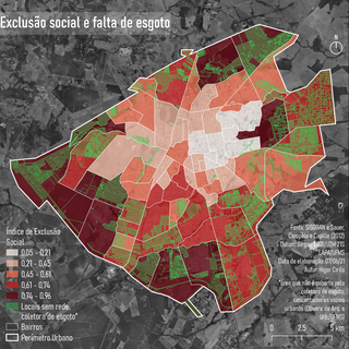 Regiões com maior índice de exclusão social (vermelhas) são as com menos acesso a infrasestrutura básica; falta de esgoto é mais presente nas periferias (Foto: Reprodução)
