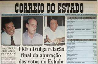 Capa do Correio do Estado de 6 de outubro de 1994 trouxe resultado das eleições em MS, três dias após votação. (Foto: Correio do Estado/Reprodução do arquivo digital)