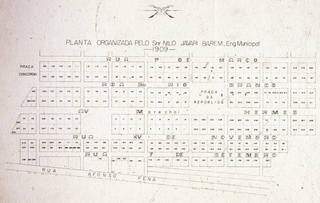 Mapa do primeiro arruamento de Campo Grande apresentado pelo engenheiro Nilo Javari Barém. (Foto: ARCA - Arquivo Histórico de Campo Grande)