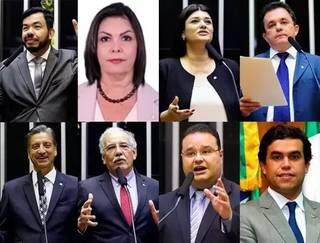 Deputados que integram a bancada federal de MS. Na parte de cima: Loester Carlos, Beatriz Cavassa, Rose Modesto e Vander Loubet. Na parte inferior: Dagoberto Nogueira, Luiz Ovando, Fábio Trad e Beto Pereira.