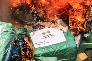 Fardo de cocaína com selo da Operação Ninho de Dragões é consumido pelo fogo. (Foto: Divulgação)