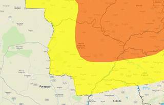 Áreas em amarelo e laranja indicam baixa umidade do ar. (Arte: Inmet)
