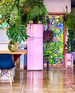 Geladeira rosa, porta com obra de arte e suporte para planta transformaram gourmet. (Foto: Danilo Jovê)