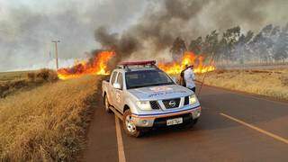 Equipe da Defesa Civil também auxiliou o trabalho de combate ao fogo nas margens da rodovia MS-379. (Foto: Divulgação)