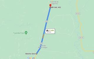 Distância calculada pela plataforma, entre Bolicho Seco e local do acidente, é de 14 quilômetros. (Foto: Reprodução/Google Maps)