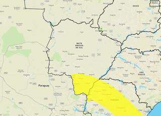 Área amarela no mapa indica risco de temporal no sul de MS. (Arte: Inmet)