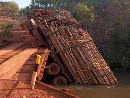 Carregada com eucalipto, carreta tenta atravessar ponte de madeira e cai em rio