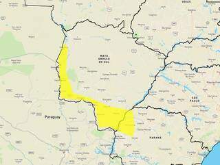Área em amarelo no mapa de MS indica chance de chuva intensa. (Arte: Inmet)
