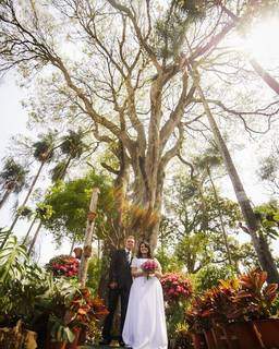 Casal ao lado de árvore que tem mais de 200 anos de história no local. (Foto: Henrique Arakaki)