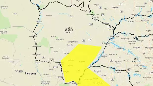 Área em amarelo indica chance de temporal em MS. (Arte: Inmet)
