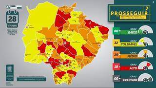 Mapa do Prosseguir dos municípios sul-mato-grossenses. (Foto: Reprodução/Governo de MS)