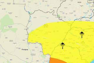 Área em amarelo no mapa indica chance de temporal na maior parte de MS. (Arte: Inmet)