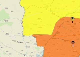 Áreas em amarelo e laranja indicam temporal em MS nesta segunda-feira. (Arte: Inmet)