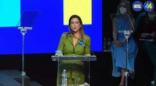 Senadora Soraya Thronicke discursou representando as mulheres na fusão do partido. (Foto: Reprodução)