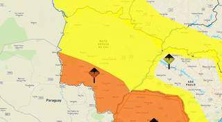 Mapa em amarelo indica ventos de até 60 km por hora, mas na região em laranja, ventania pode atingir os 100 km por hora. (Arte: Inmet)