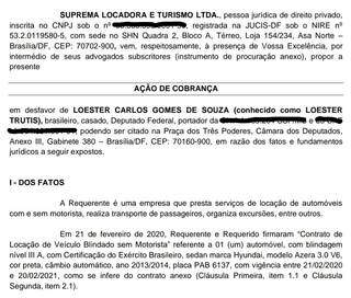 Trecho da inicial da ação de cobrança movida contra o deputado federal Loester Carlos Gomes de Souza, o Trutis (PSL)