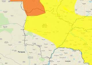 Áreas em amarelo e laranja indicam chuva intensa em MS. (Arte: Inmet)