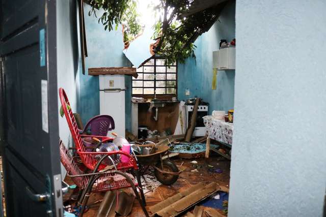 Atingida por duas &aacute;rvores, casa fica destelhada e parcialmente destru&iacute;da