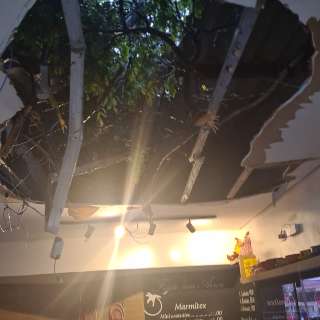 Árvore cai sobre restaurante, destrói telhado e causa vários prejuízos