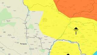 Área em amarelo no mapa indica risco de chuva intensa nesta segunda. (Arte: Inmet)