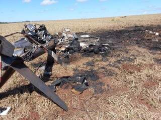 Destroço da aeronave que caiu em fazenda de Ponta Porã. (Foto: Dracco) 