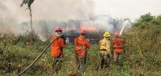 Brigadistas durante combate aos incêndios no Pantanal (Foto: Cleyton Varela | Brigada Alto Pantanal- IHP)