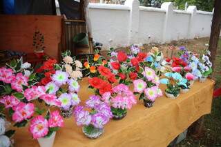Arranjos de flores são fabricados e vendidos por Lourdes. (Foto: Paulo Francis)