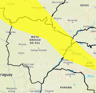 Faixa amarela mostra as cidades que estão sob alerta. (Fonte: Inmet)