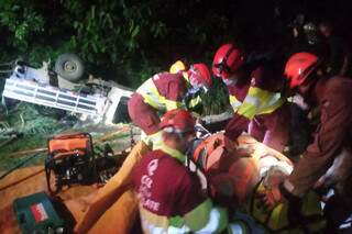 Motorista foi resgatado pelo Corpo de Bombeiros e equipe da CCR MSVia. (Foto: Sidney Assis)