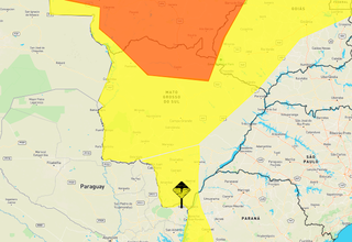 Áreas em amarelo e laranja no mapa indicam chuva intensa na maior parte de MS (Arte: Inmet)