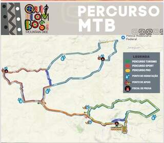 Mapa mostra em detalhes os percursos das três categorias do Quilombos Mountain Bike (Arte: Divulgação)