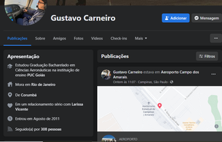 Nas redes sociais, Gustavo chegou a postar check in no aeroporto de Campinas. (Foto: Redes Sociais)