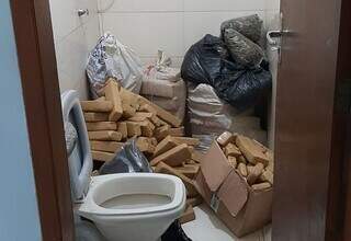 Tabletes de maconha e sacos com skunk encontrados no banheiro da casa. (Foto: Divulgação)