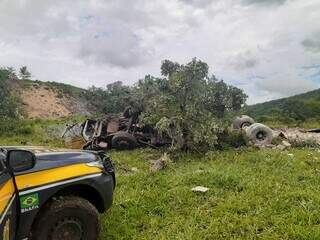 Caminhão ficou completamente destruído com a queda. (Foto: Corpo de Bombeiros/Divulgação)