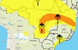 Faixa amarela e laranja mostram regiões sob aviso. (Fonte: Inmet)