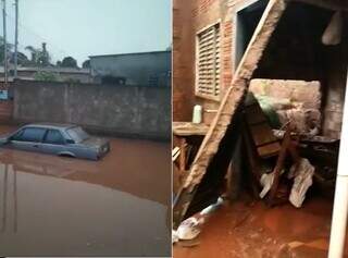 À esquerda, veículo submerso em rua alagada e à direita, uma casa danificada pela chuva, em Paranaíba. (Fotos: Direto das Ruas)