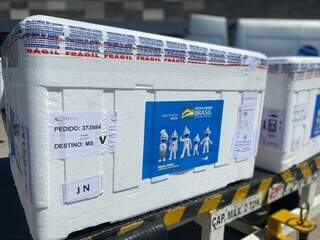 Caixas com primeiro lote de Janssen enviado nesta semana. (Foto: Divulgação | Governo de MS)