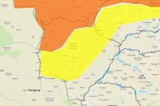 Faixa laranja e amarela indicam cidades no Estado sob alertas. (Foto: Reprodução | Inmet)