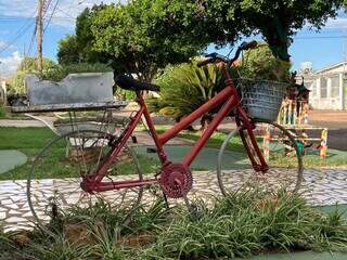Bicicleta antiga virou jardineira na frente da casa de Lu. (Foto: Suzana Serviam)