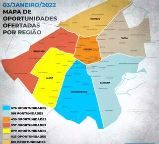 Mapa da Funsat mostra o número de vagas por região. (Foto: Reprodução)