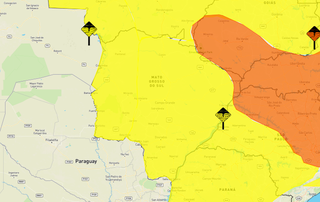 Área amarela indica de chuva intensa a tempestade em MS. (Arte: Inmet)