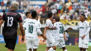 Equipe palmeirense comemorando um dos gols da partida (Foto: Fábio Menotti/Palmeiras)
