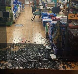 Porta de vidro do pet shop foi destruída por tiros. (Foto: Direto das Ruas)