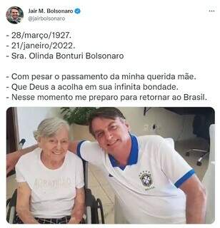 Mensagem de Bolsonaro informando a morte da mãe (Foto: Twitter/Reprodução)