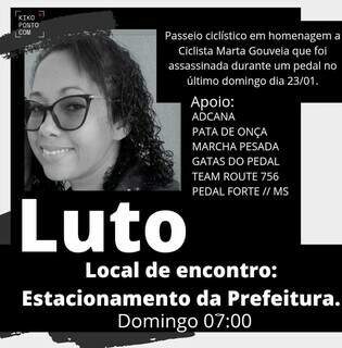 Convite para manifestação em homenagem à ciclista Marta Gouveia está sendo divulgado nas redes sociais. (Foto: Divulgação/Adcana)