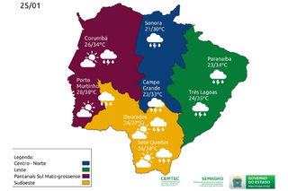 Previsão do tempo para cidades do MS, de acordo com o Cemtec. (Foto: Divulgação)