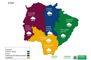 Mapa do Cemtec indica previsão para regiões do Estado nesta quinta. (Imagem: Cemtec)