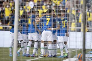 Jogadores do Brasil comemoram gol contra Equador (Foto: Divulgação)