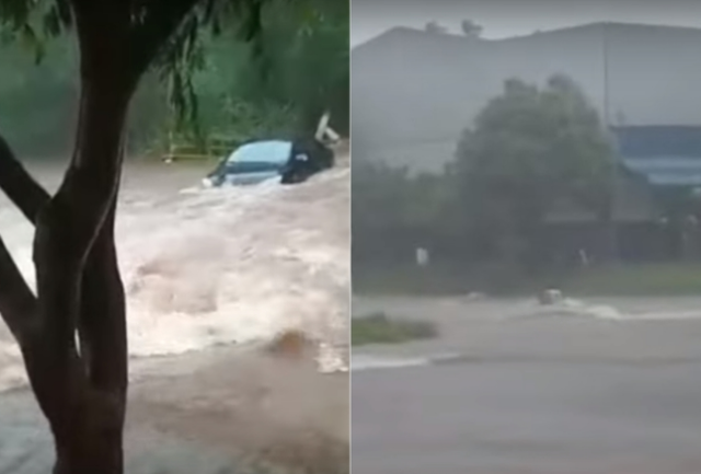 Carro e ciclista s&atilde;o arrastados por enxurrada durante temporal